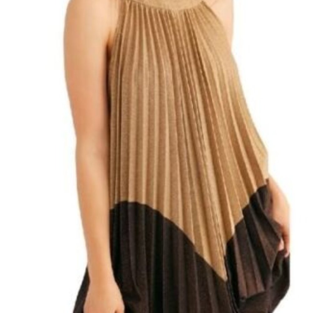 Free People Gold Bronze Pleated Mini Dress LOVE METALLIC Colorblock XS NEW $98